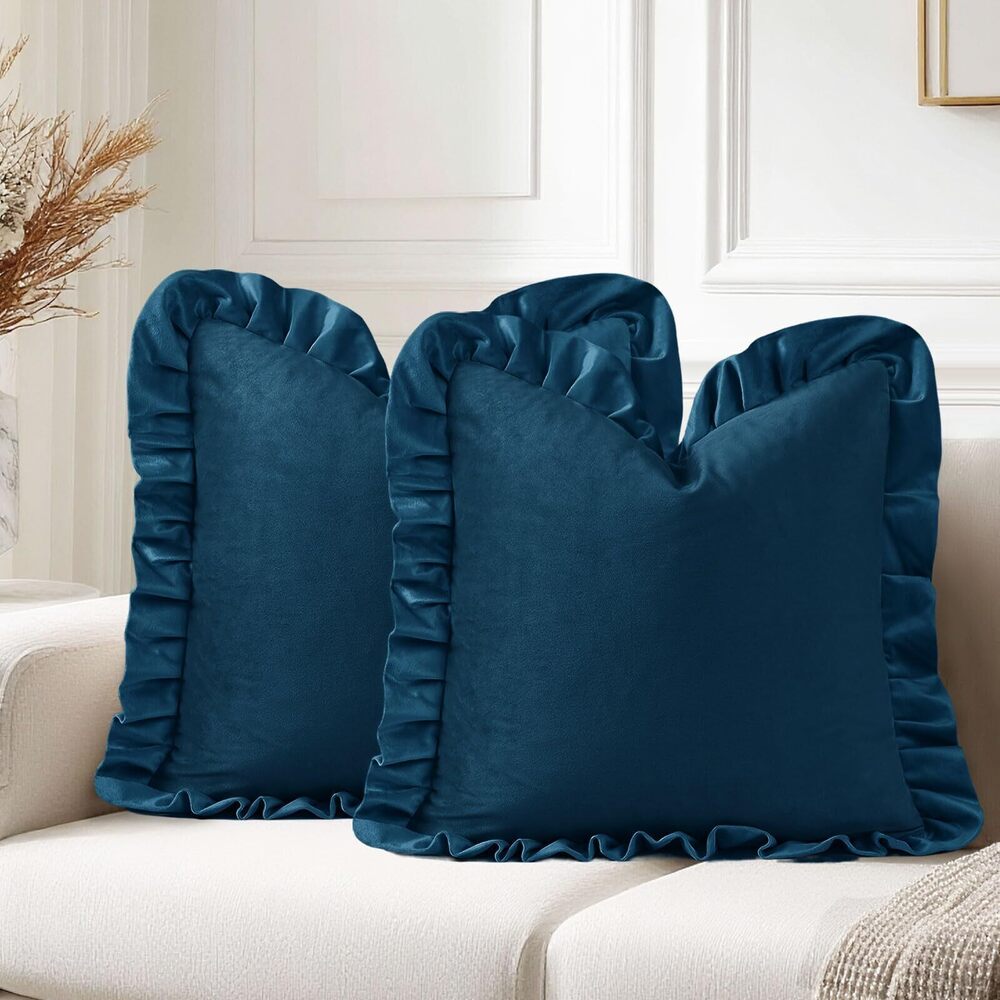 6474 Navy Blue Throw Pillow Covers 20x20 with Ruffles，Pack of 2 Velvet